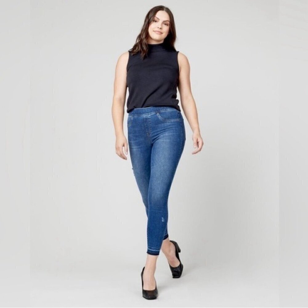 SPANX DISTRESSED SKINNY JEAN tummy control shaping pull on medium wash Small